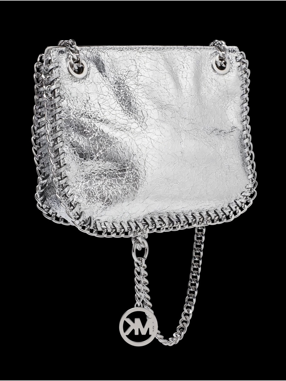 Michael Kors Silver Cracked Metallic Chain-Trim Shoulder Bag